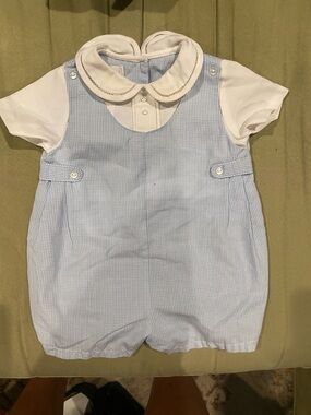 Petit Ami Blue Gingham Romper with White Collar